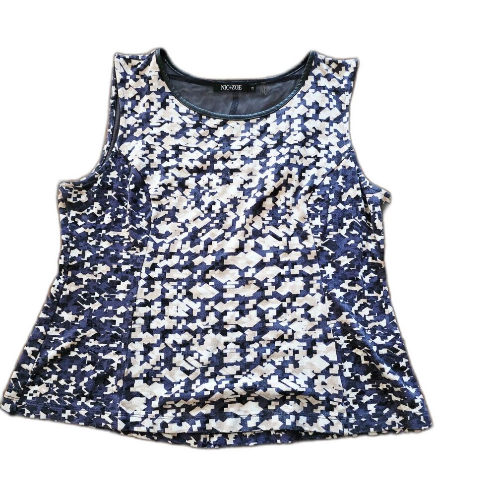 NIC+ZOE Top Geometric Abstract Print Blouse Faux Leather Trim Navy & Beige M